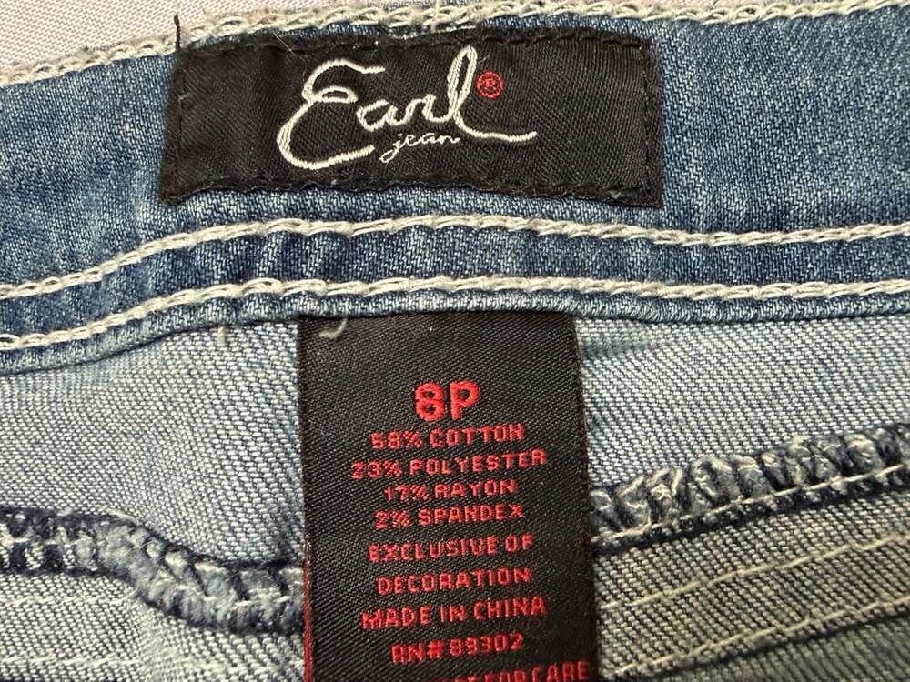 Earl Jean Denim Skirt Size 8P Blue Rhinestone Cross Embroidered Pockets